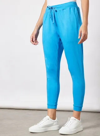 Women Casual Comfortable Regular Fit Mid Rise Elasticated Waist Joggers with Ribbed Bottom Ibiza Blue 