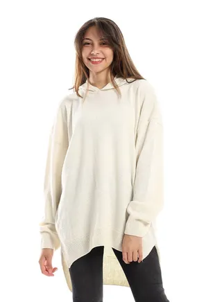 Hooded Neck High Low Knitted Off-White Pullover 