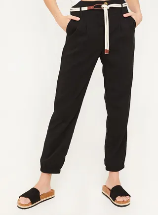 High Waisted Canvas Belted Joggers Black 