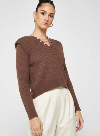 Button Front Padded Shoulder Sweater 