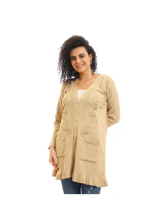 Casual Colour Blocked High Neck Long Sleeve  pullover Beige 