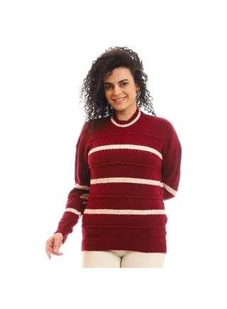 Casual Colour Blocked High Neck Long Sleeve  pullover Maroon 