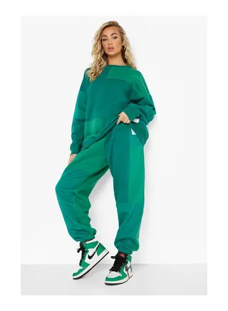 Green Colour Block Patchwork Joggers 