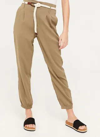 High Waisted Canvas Belted Joggers Green 