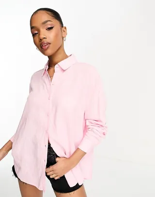 Bershka oversized linen look shirt in pink