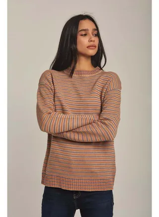 Fancy Crew Neck Flat Knit Pullover 