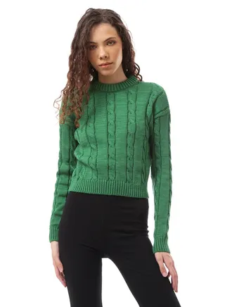 Knitted Slip On Round Neck Green Pullover 