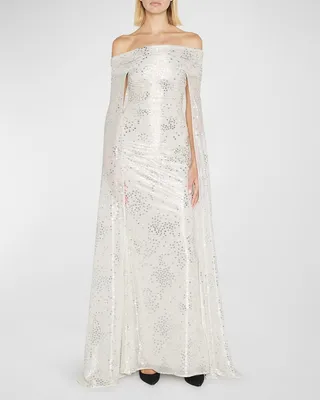 Metallic Voile Off-The-Shoulder Cape Gown