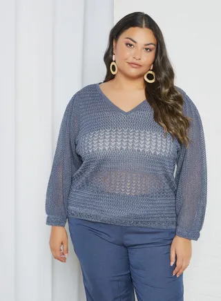 Plus Size Puff Sleeve Sweater Blue 