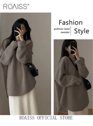 Ladies MediumLength Loose Sweater Lazy Style Solid Color Round Neck Long Sleeves Cashmere Fabric Cozy and Stylish 