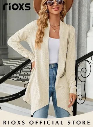 Women's Mid-long Cardigan Sweater Coats Knitted Open Front Coat Soft and Warm Solid Color Coat for Autumn 