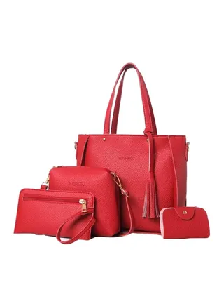 4-Piece Leather Handbag Set Red 
