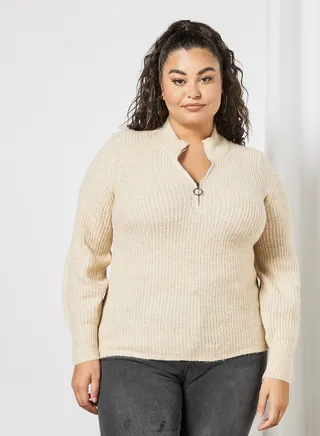 Plus Size Zip-Up Neckline Sweater Beige 