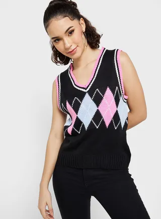 Diamond Intarsia Vest Style Sweater