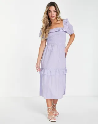 Miss Selfridge textured frill detail shirred midi dress in blue