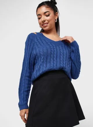 Cable Knit Cold Shoulder Sweater 