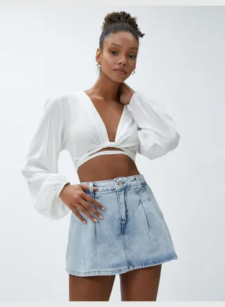Cotton Pleated Pocket Detail Mini Jean Skort