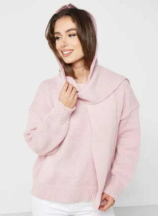 Tie Detail Sweater With Hoodie 