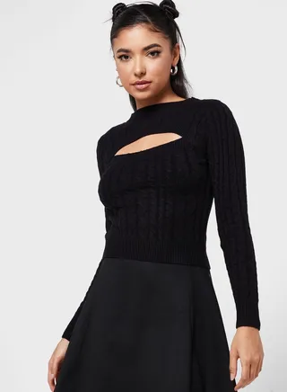 Cutout Front Cable Knit Sweater 
