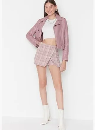 Pink High Waist Weave Short Skirt TWOAW23SR00029