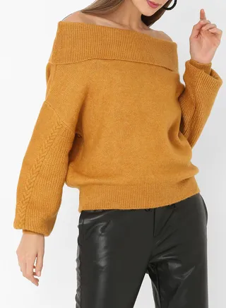 Off-Shoulder Pattern Sleeve Sweater Mustard 