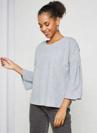 Bell Sleeve Crew Neck Sweater Grey 