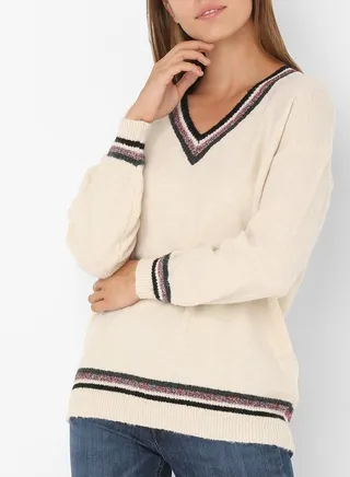 Shimmer Striped Detail Sweater Beige 