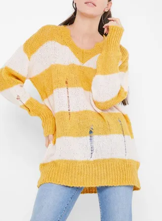 Striped Rip Detailed Sweater Yellow/White 