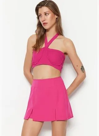 Fuchsia Double Slit Super Mini Weave Shorts Skirt TWOSS20SR0364