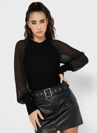 Fitted Rib Sweater With Chiffon Sleeve 
