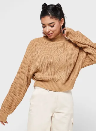 Cable Knit High Neck Cropped Sweater
