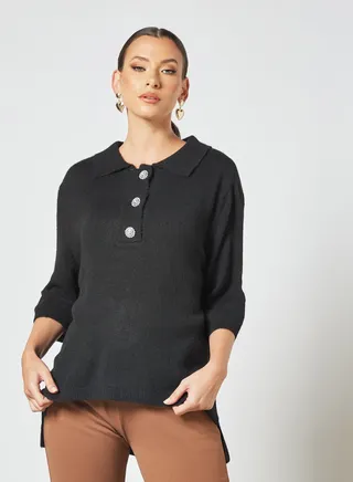 Rhinestone Buttoned Sweater Black 