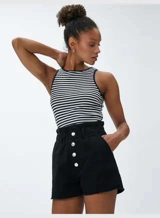 Elastic Waist Pocket Detail Jean Shorts