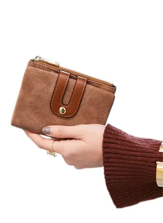 Wallet, Women's Small Leather Wallet Ladies Mini Zipper Coin Purse id card Pocket, Slim Compact Thin (Brown) 