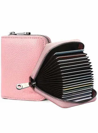 Card Cases, RFID 20 Card Slots Credit Card Holder Genuine Leather Small Card Case for Women or Men Accordion Wallet with Zipper (Pink) 