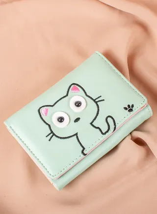 Leather Flip Wallet & Card Holder with 7 Pockets and Zipped Pocket Green Mint - Kitten 