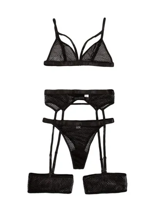 Women 3-Piece Lace Detail Lingerie Set Black 