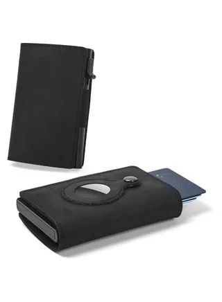 Smart Air Tag Wallet | RFID Credit Card Money Holder Automatic Pop up Mini Aluminum Wallet | Pocket-Sized and Slim Design Multipurpose Accessory for AirTag | Airtag Case Cover for Men…, Black Leather 