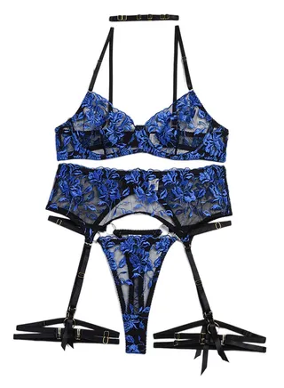 3-Piece Women's Embroidered Underwear Flower Embroidery Without Bra Pad Adjustable Shoulder Strap Steel Ring Bra  High Waisted Thong 
