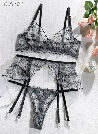 3-Piece Women'S Embroidered Underwear No Chest Pad Can Adjust The Steel Rim Bra With The Shoulder Strap High -Waist Thong Can Adjust The Waist Seal Hanging Garter 