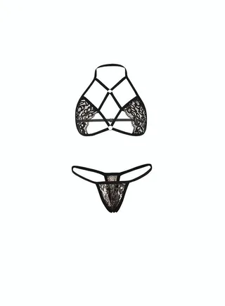 Women's Lace Cut Out Underwear Suit no Chest Pad no Steel Ring Design Fashion Halter Bra and Thong 