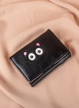 Leather Flip Wallet & Card Holder with 7 Pockets and Zipped Pocket Black - Kitten 