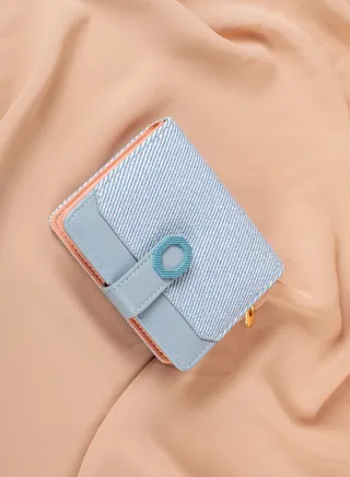 Leather & Textile Flip Wallet & Card Holder with 6 Pockets and Zipped Pocket Blue 
