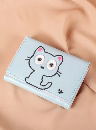 Leather Flip Wallet & Card Holder with 7 Pockets and Zipped Pocket Blue - Kitten 