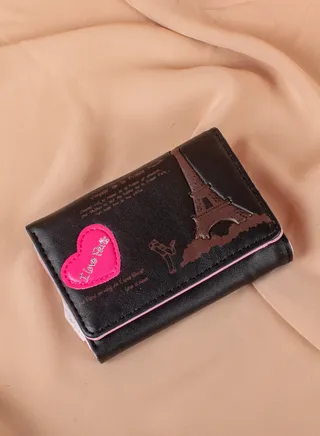 Leather Flip Wallet & Card Holder with 7 Pockets and Zipped Pocket Black - Eiffel Tower 