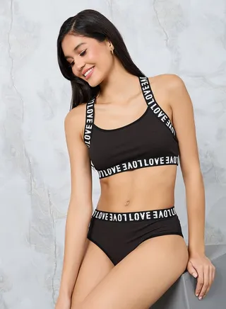 Non Padded Non Wired Love Text Elastic Ribbed Crop Top & Bikini Set 