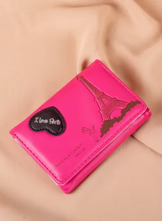 Leather Flip Wallet & Card Holder with 7 Pockets and Zipped Pocket Fushia - Eiffel Tower 