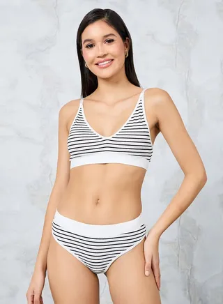 Non Padded Non Wired Striped Rib Crop Top & Brazilian Brief Set 
