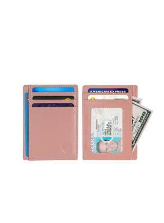 Cardholder for Men Women Genuine Leather Wallet Minimalist RFID Protected Pink 