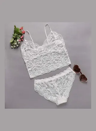 Women Hollow Lace See-through Cami Bra Top Panties Slim Fit Underwear Set White 